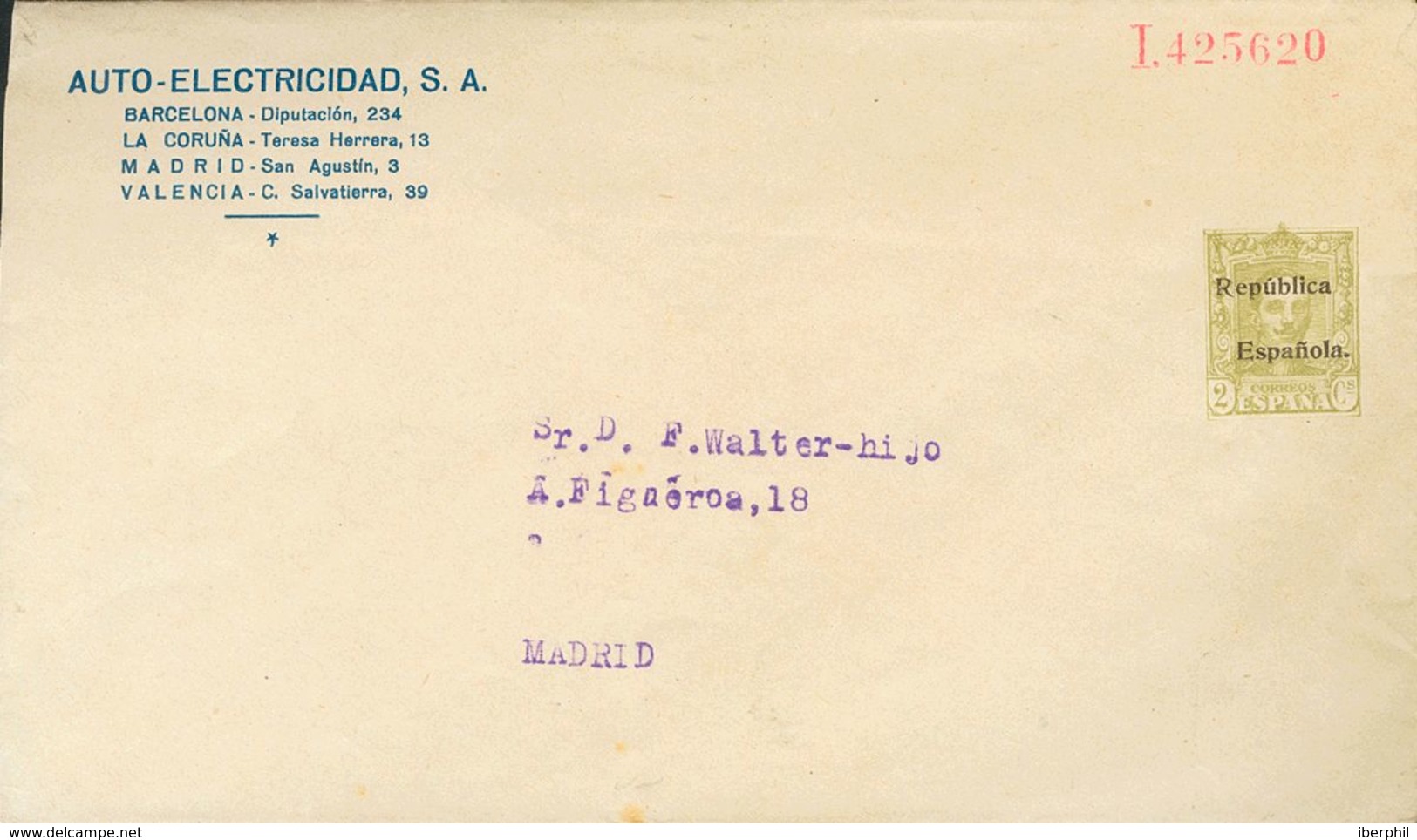 (*)EP921. 1931. 2 Cts Oliva Sobre Entero Postal Privado AUTO-ELECTRICIDAD S.A. (membrete Azul 16'5 Mm X 96 Mm). MAGNIFIC - Autres & Non Classés