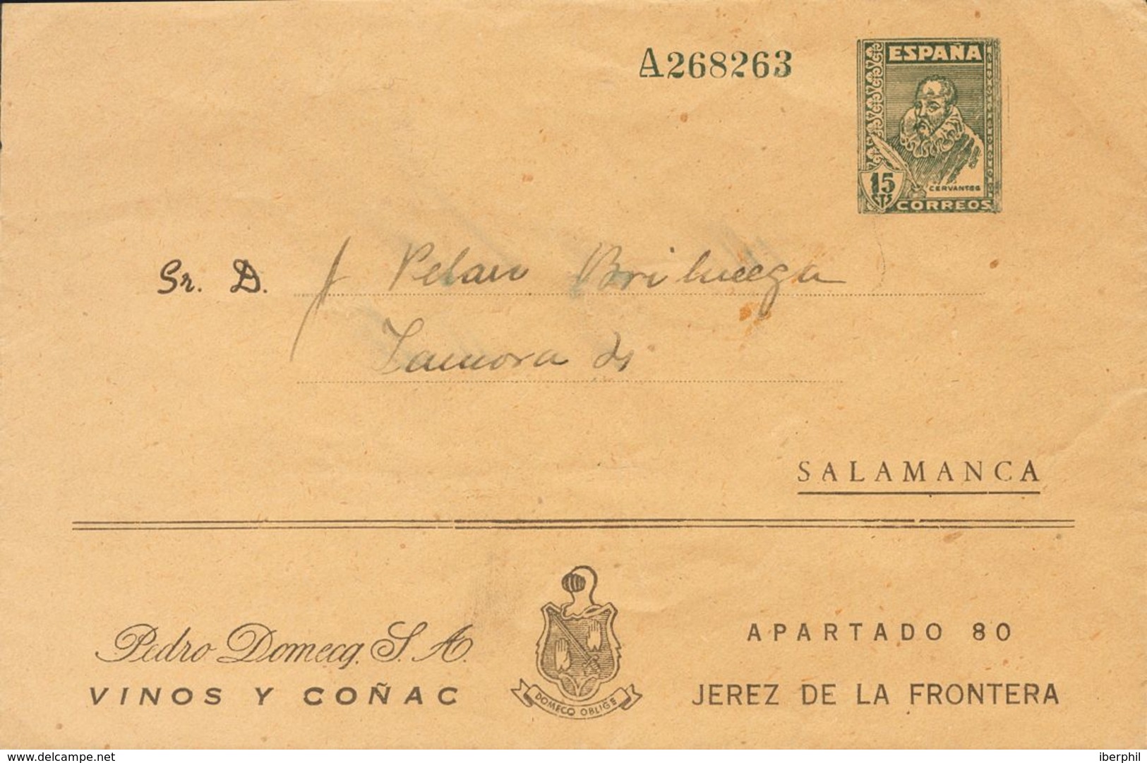 (*). 1938. 15 Cts Verde Gris Sobre Entero Postal Privado PEDRO DOMECQ SALAMANCA De JEREZ A SALAMANCA. MAGNIFICO Y RARISI - Other & Unclassified