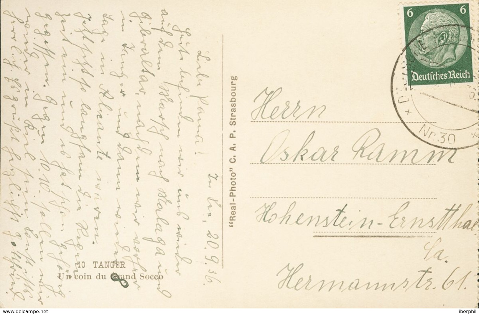 Sobre . 1936. 6 P Verde De Alemania. Tarjeta Postal Remitida Desde El Crucero Nürnberg Fondeado En El Puerto De TANGER Y - Andere & Zonder Classificatie