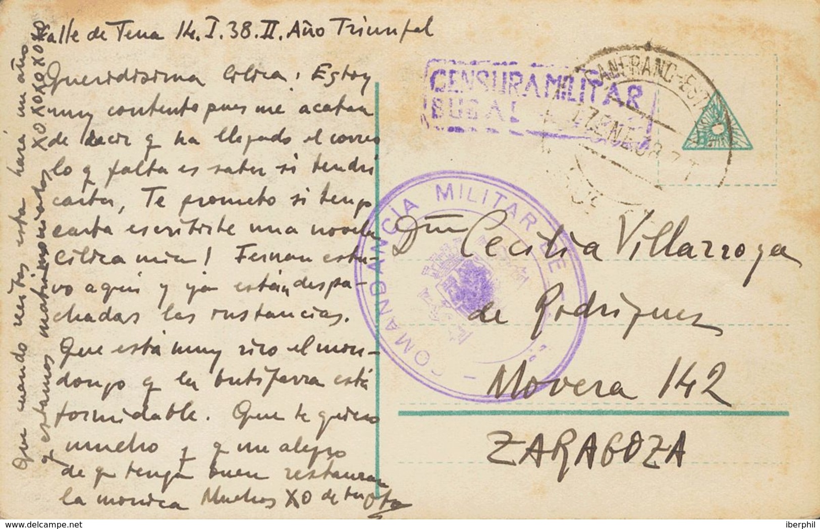 Sobre . 1938. Tarjeta Postal De BUBAL (HUESCA) A ZARAGOZA. Marca De Franquicia COMANDANCIA MILITAR DE / ¿JACA? (texto Bo - Andere & Zonder Classificatie