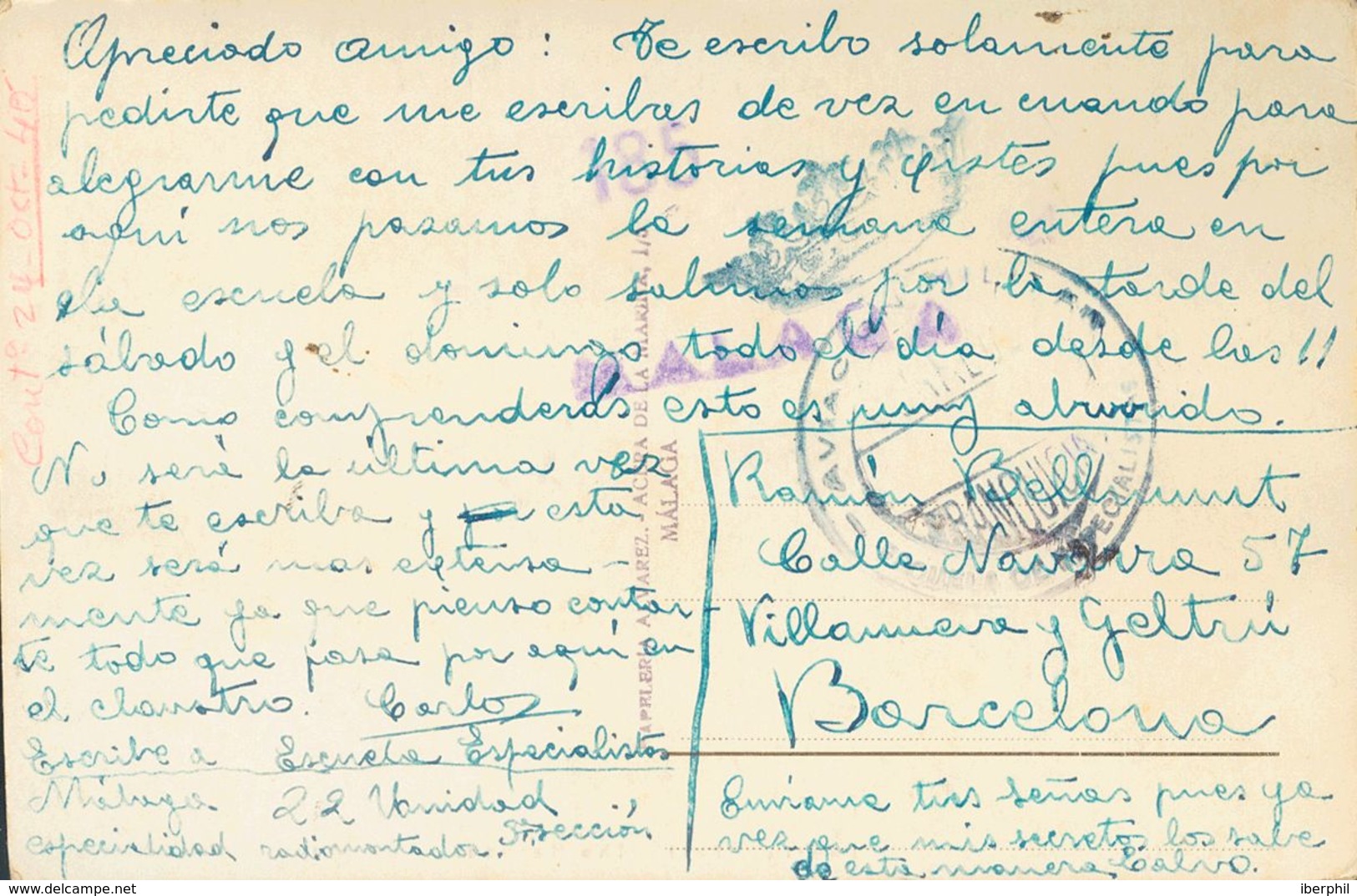 Sobre . 1940. Tarjeta Postal (con Imagen Del Barco Postal Ciudad De Melilla, Antes Reina Victoria). MALAGA A BARCELONA.  - Otros & Sin Clasificación