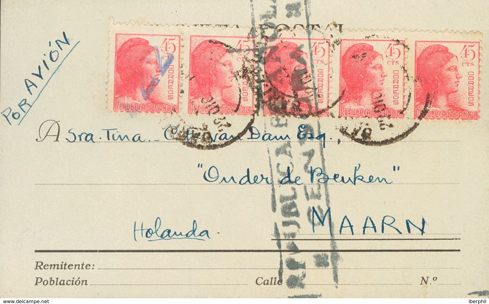 Sobre . 1938. 45 Cts Rosa, Tira De Cinco. Tarjeta Postal De BARCELONA A MAARN (HOLANDA), Dirigida A La Colonia Onder De  - Andere & Zonder Classificatie