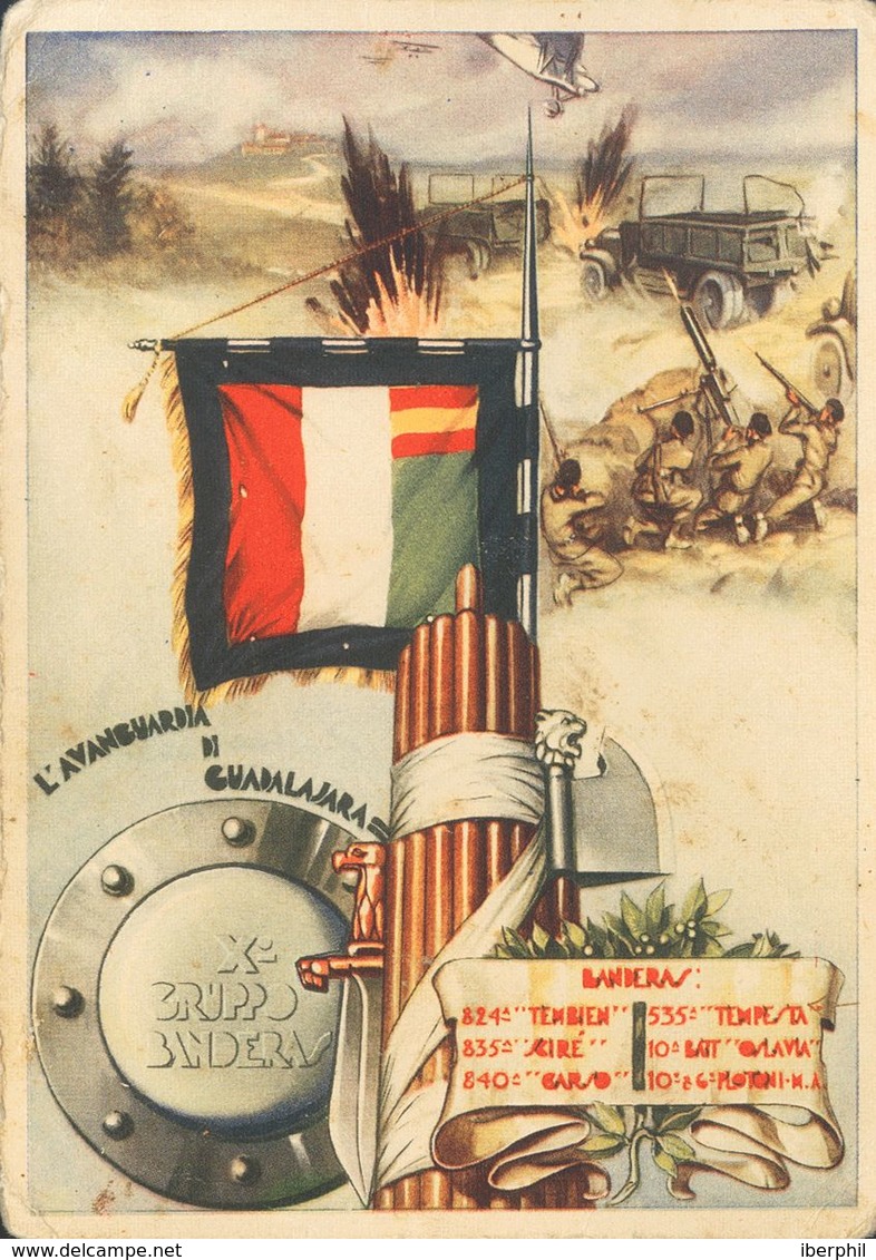 Sobre . 1938. Tarjeta Postal Ilustrada Xº GRUPPO BANDERAS L`AVANGUARDIA DI GUADALAJARA. Con Texto Remitida Desde El Fren - Other & Unclassified