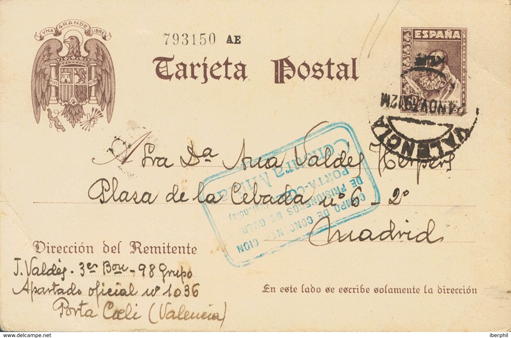 Sobre EP86. 1939. 20 Cts Castaño Sobre Tarjeta Entero Postal De VALENCIA A MADRID, Remitida Desde El Campo De Concentrac - Other & Unclassified