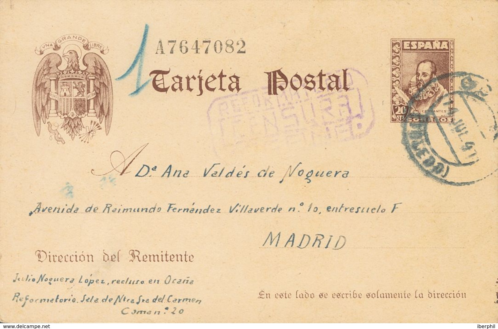 Sobre EP86. 1941. 20 Cts Castaño Sobre Tarjeta Entero Postal De OCAÑA A MADRID, Remitida Por Un Recluso Del Reformatorio - Otros & Sin Clasificación