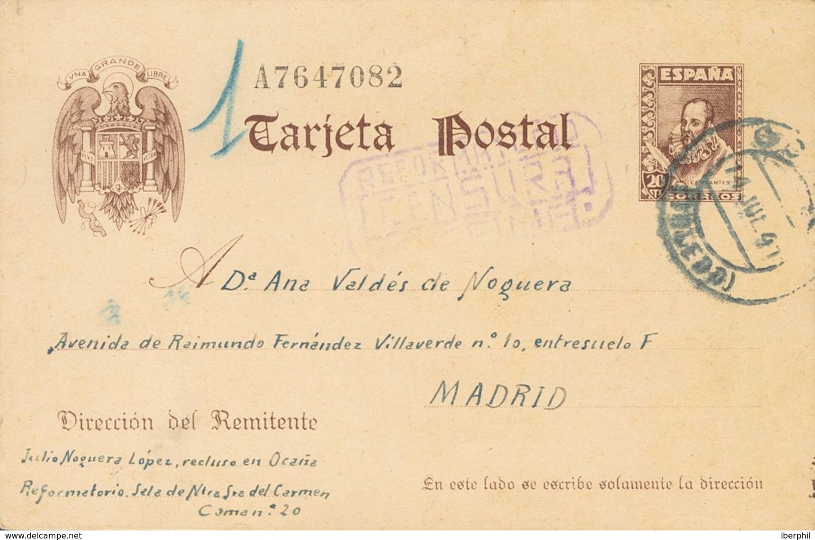 Sobre EP86. 1941. 20 Cts Castaño Sobre Tarjeta Entero Postal De OCAÑA A MADRID, Remitida Por Un Recluso Del Reformatorio - Other & Unclassified