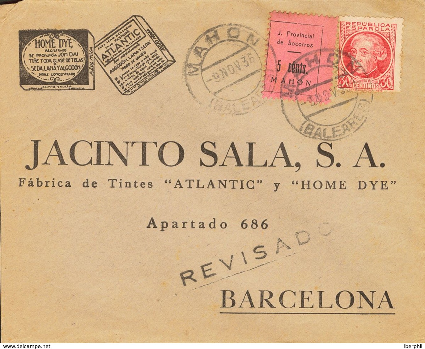 Sobre 687. 1936. 30 Cts Carmín Y 5 Cts Rosa (Tipo IV) Local De JUNTA PROVINCIAL DE SOCORROS / MAHON. Sobre Publicitario  - Other & Unclassified