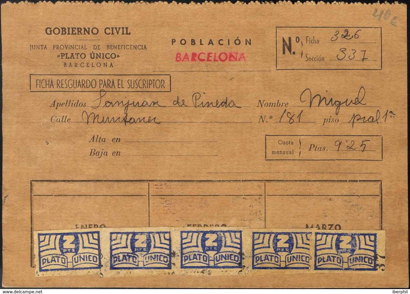 Fragmento . (1940ca). 2 Pts Ultramar PLATO UNICO, Cinco Sellos, Sobre Ficha De Suscriptor. MAGNIFICA. - Andere & Zonder Classificatie