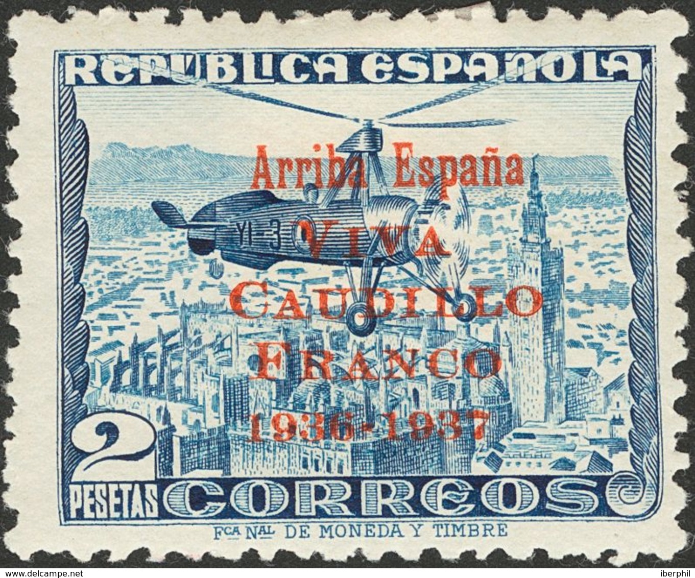 *15hcc. 1937. 2 Pts Azul. Variedad CAMBIO DE COLOR EN LA SOBRECARGA, En Rojo. MAGNIFICO. Edifil 2017: 155 Euros - Other & Unclassified