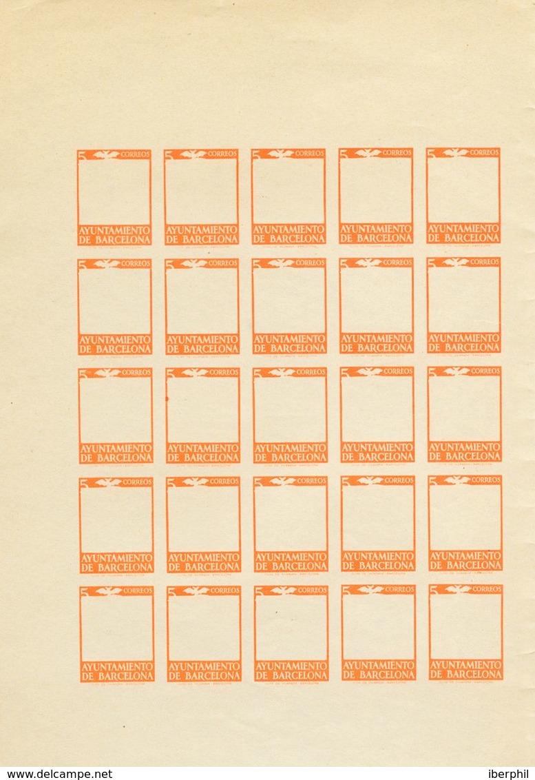 (*). 1938. 5 Cts Naranja, Hoja Completa De Veinticinco Sellos. ENSAYO DE COLOR DE LA IMPRESION DEL MARCO, En Naranja De  - Other & Unclassified