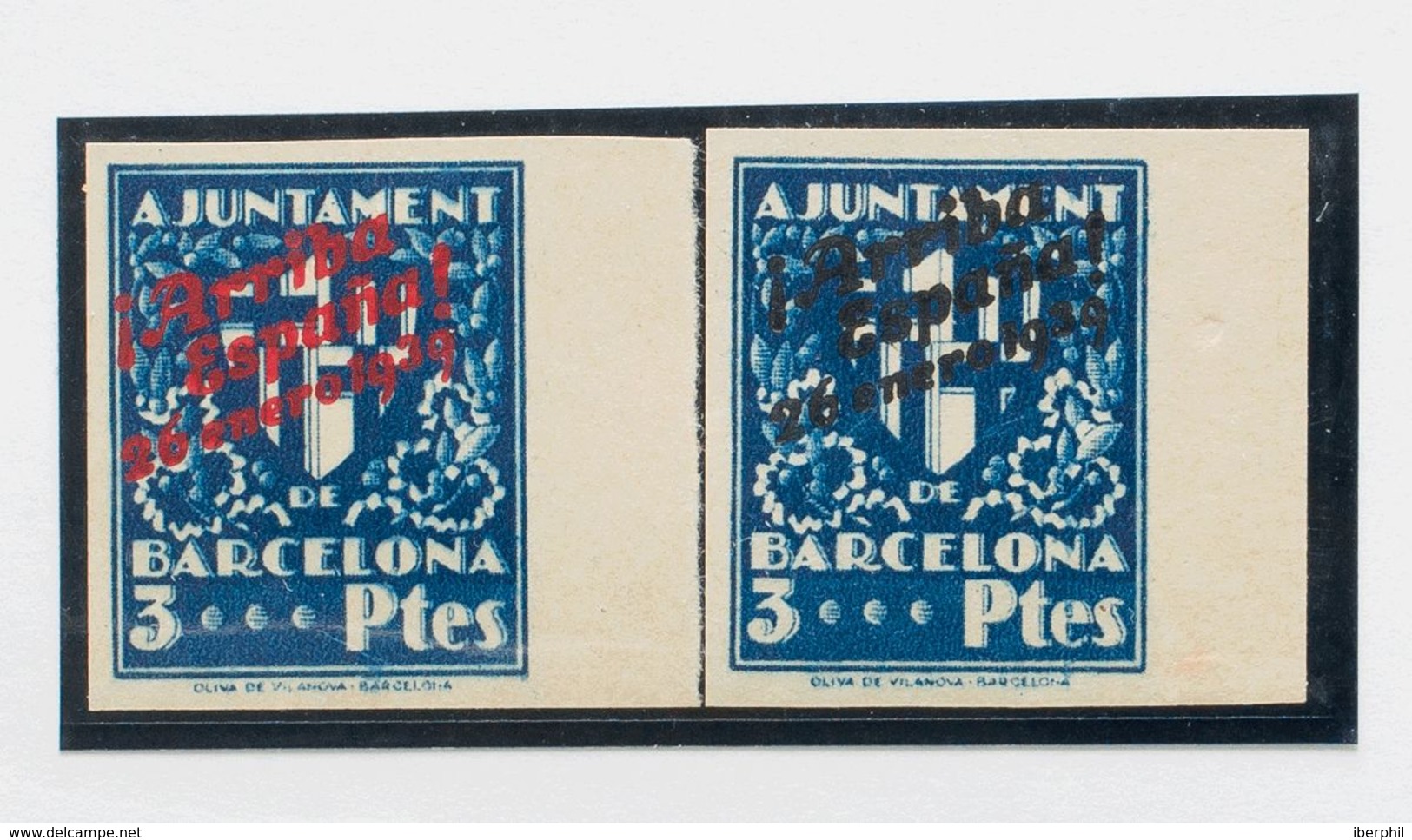(*). 1939. 3 Pts Azul, Dos ENSAYOS DE COLOR (sin Dentar), De Un Diseño No Adoptado Con Sobrecargas ¡ARRIBA ESPAÑA! 26 EN - Andere & Zonder Classificatie