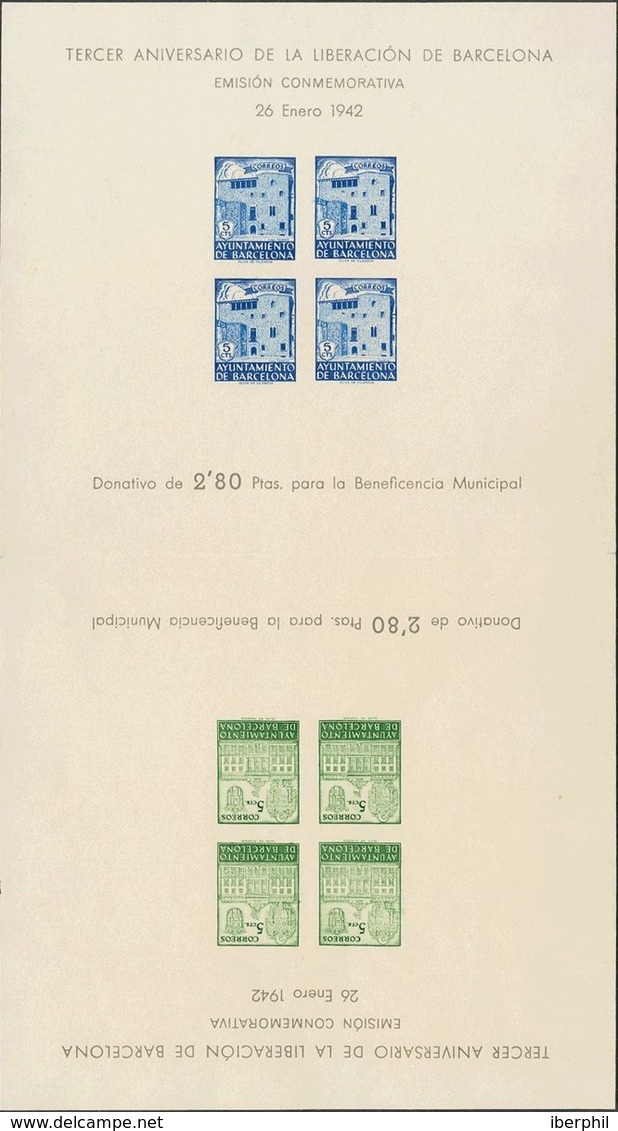 (*)39s, 48s. 1942. 5 Cts Verde, Hoja Bloque Y 5 Cts Azul, Hoja Bloque Con Leyenda TERCER ANIVERSARIO DE LA LIBERACION DE - Andere & Zonder Classificatie