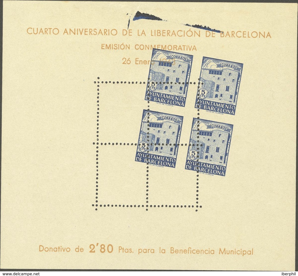 (*)48P. 1943. 5 Cts Azul, Hoja Bloque. PRUEBA DE IMPRESION, De Encuadre Del Dibujo. MAGNIFICA Y RARA. - Other & Unclassified