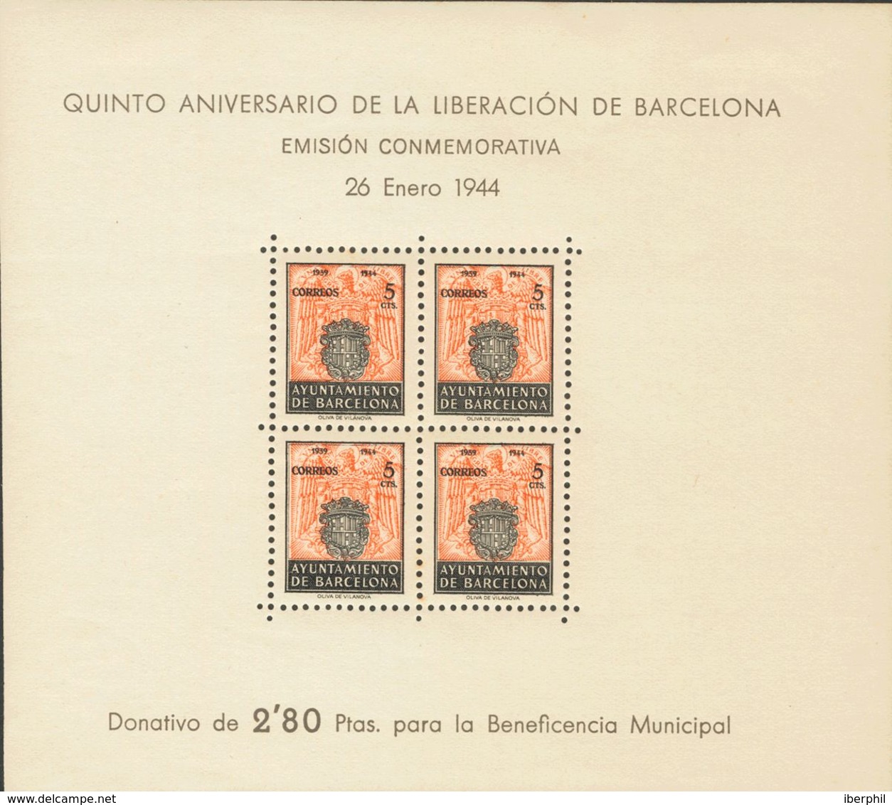 *60. 1944. 5 Cts Negro Y Naranja, Hoja Bloque. Variedad BANDELETA INFERIOR SIN DENTAR. MAGNIFICO. - Other & Unclassified