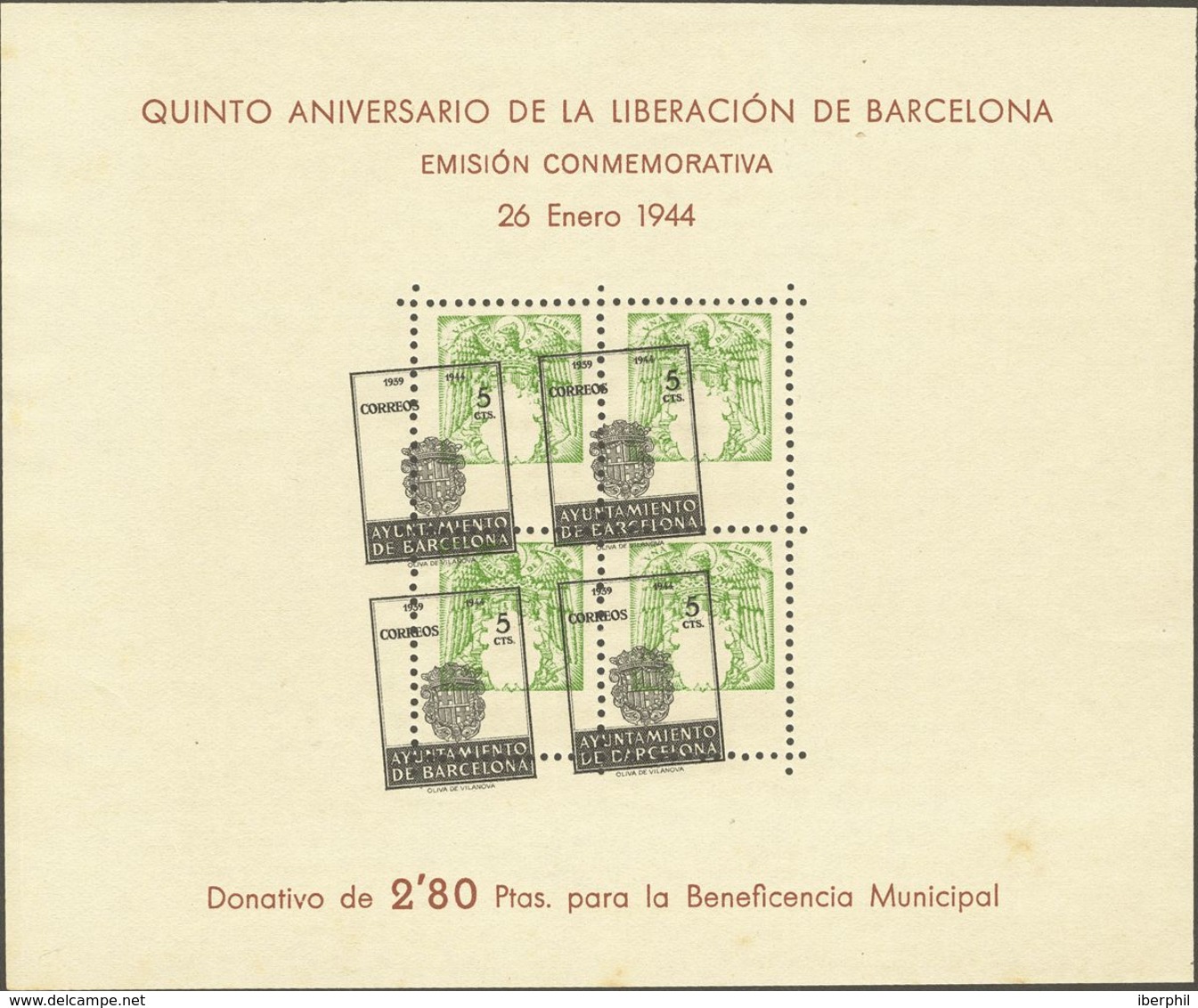 *61. 1944. 5 Cts Negro Y Verde, Hoja Bloque. PRUEBA DE IMPRESION, De Encuadre Del Dibujo. MAGNIFICA Y RARA. - Other & Unclassified
