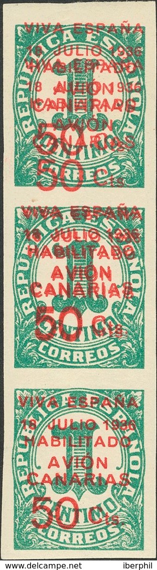 *8hh(2), 8. 1937. 50 Cts Sobre 1 Cts Verde, Tira Vertical De Tres. Los Dos Sellos Superiores Con La Variedad SOBRECARGA  - Other & Unclassified