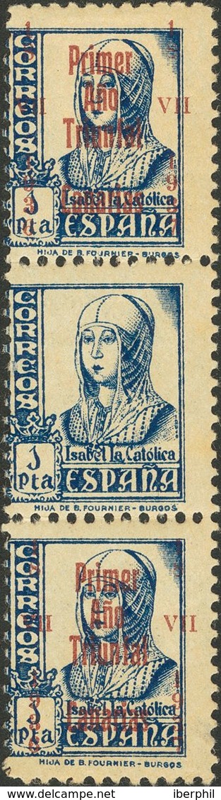 *25(3). 1937. 1 Pts Azul, Tira Vertical De Tres. Variedad SELLO CENTRAL SIN SOBRECARGA. MAGNIFICA Y RARISIMA. - Other & Unclassified