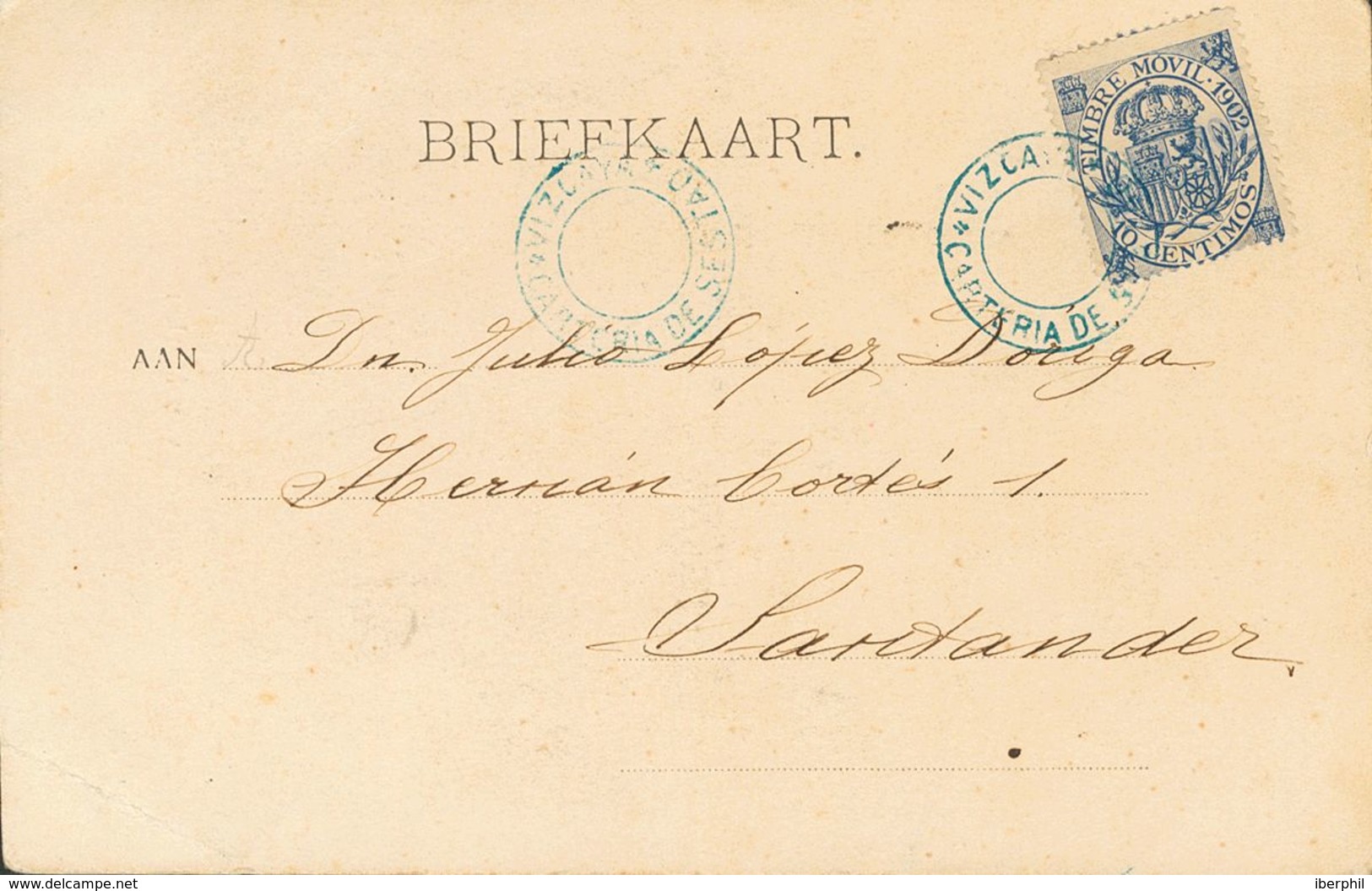 Sobre 22. (1902ca). 10 Cts Azul, Timbre Móvil (1902). Tarjeta Postal De SESTAO A SANTANDER. Matasello Especial CARTERIA  - Andere & Zonder Classificatie