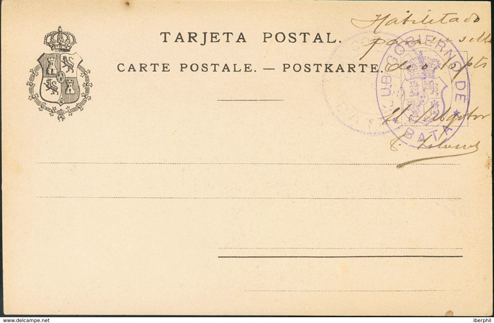 º. 1902. Tarjeta Postal Provisoria Con Indicación Manuscrita "Habilitado Para Un Sello De 0'10 Pts" Con Marca SUBGOBIERN - Other & Unclassified