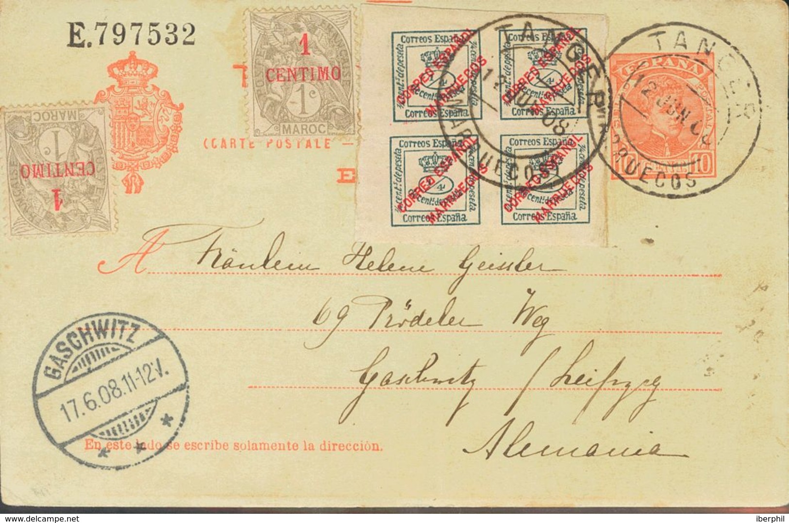 Sobre 1. 1908. 10 Cts Naranja Sobre Tarjeta Entero Postal De España Circulada Desde TANGER A GASCHWITZ (ALEMANIA), Con F - Other & Unclassified