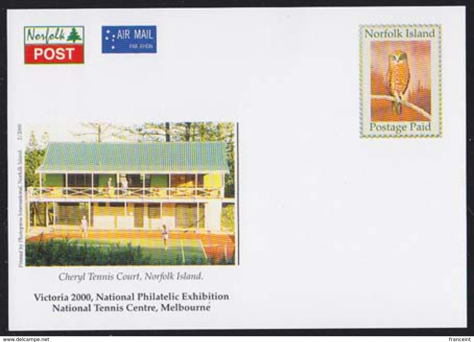 NORFOLK ISLAND (2000) Owl. Postage Paid Airmail Postcard (mint) With Corner Illustration Of Cheryl Tennis Court. - Norfolk Island