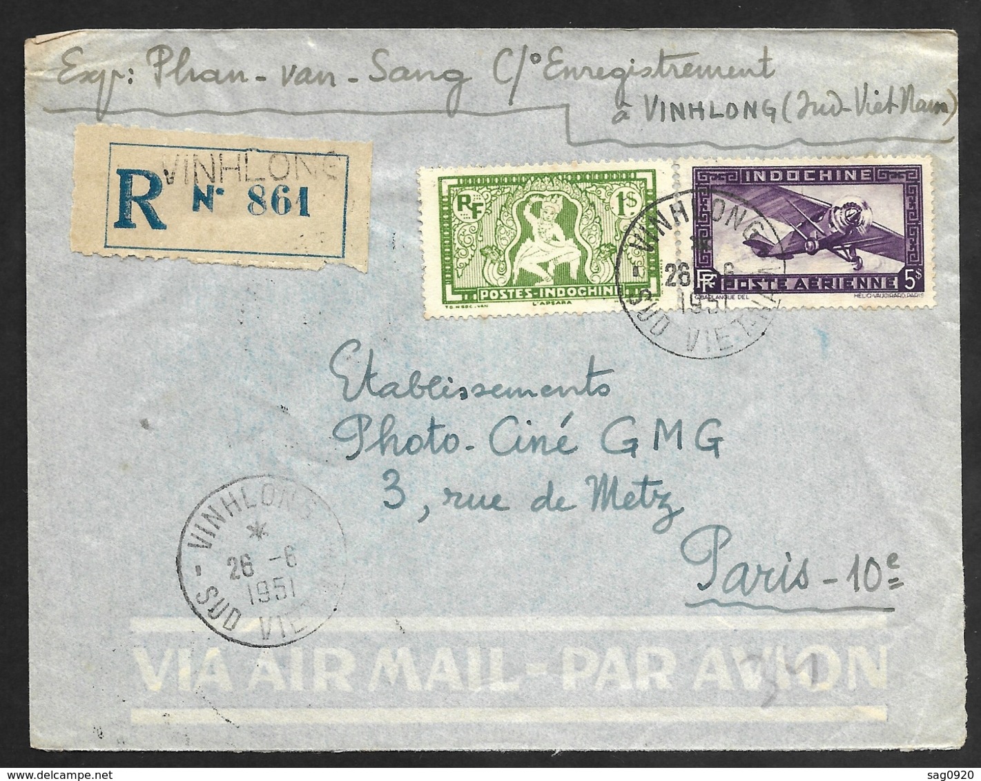 Enveloppe Recommandé De Vinhlong Sud Viet Nam-Poste Aerienne N°13-Pour Paris - Lettres & Documents