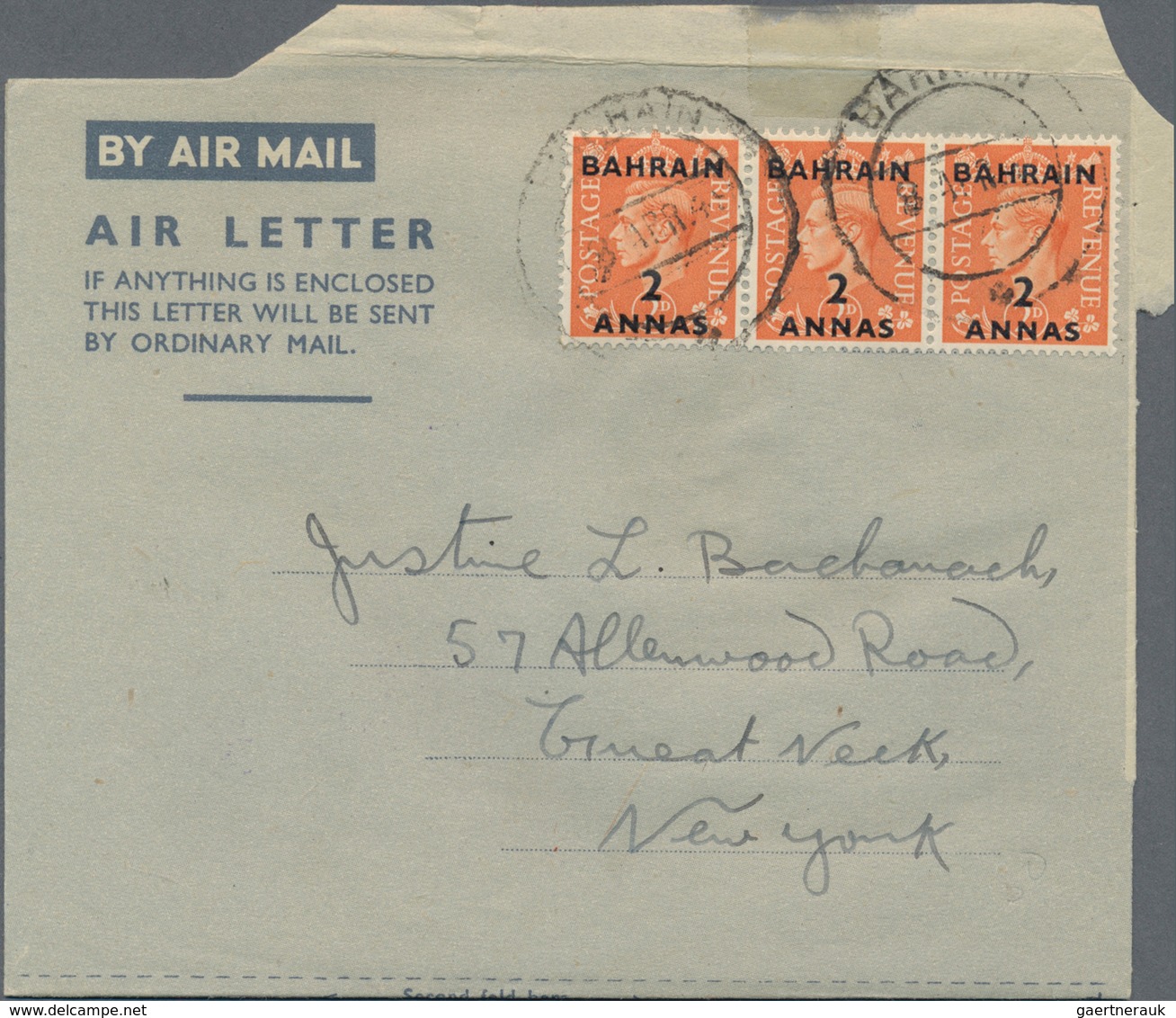 Bahrain: 1949/74 (ca.), Airletters: Privately Franked Forms (3) W. KGVI At The 6 A. Rate To USA Resp - Bahrain (1965-...)