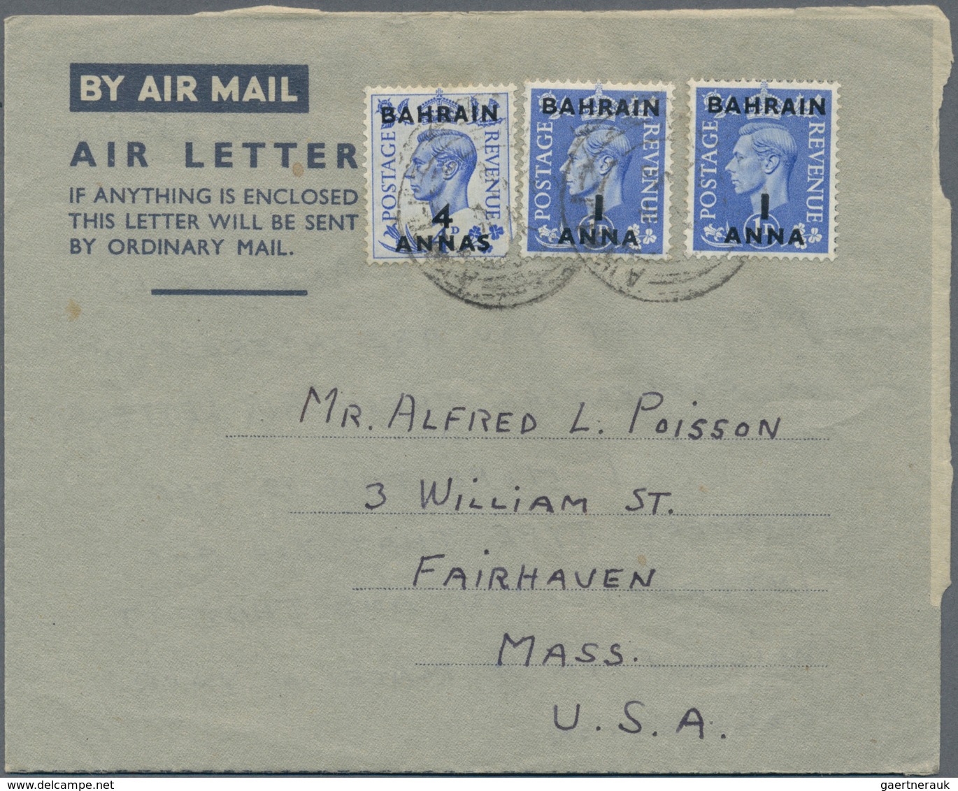 Bahrain: 1949/74 (ca.), Airletters: Privately Franked Forms (3) W. KGVI At The 6 A. Rate To USA Resp - Bahreïn (1965-...)