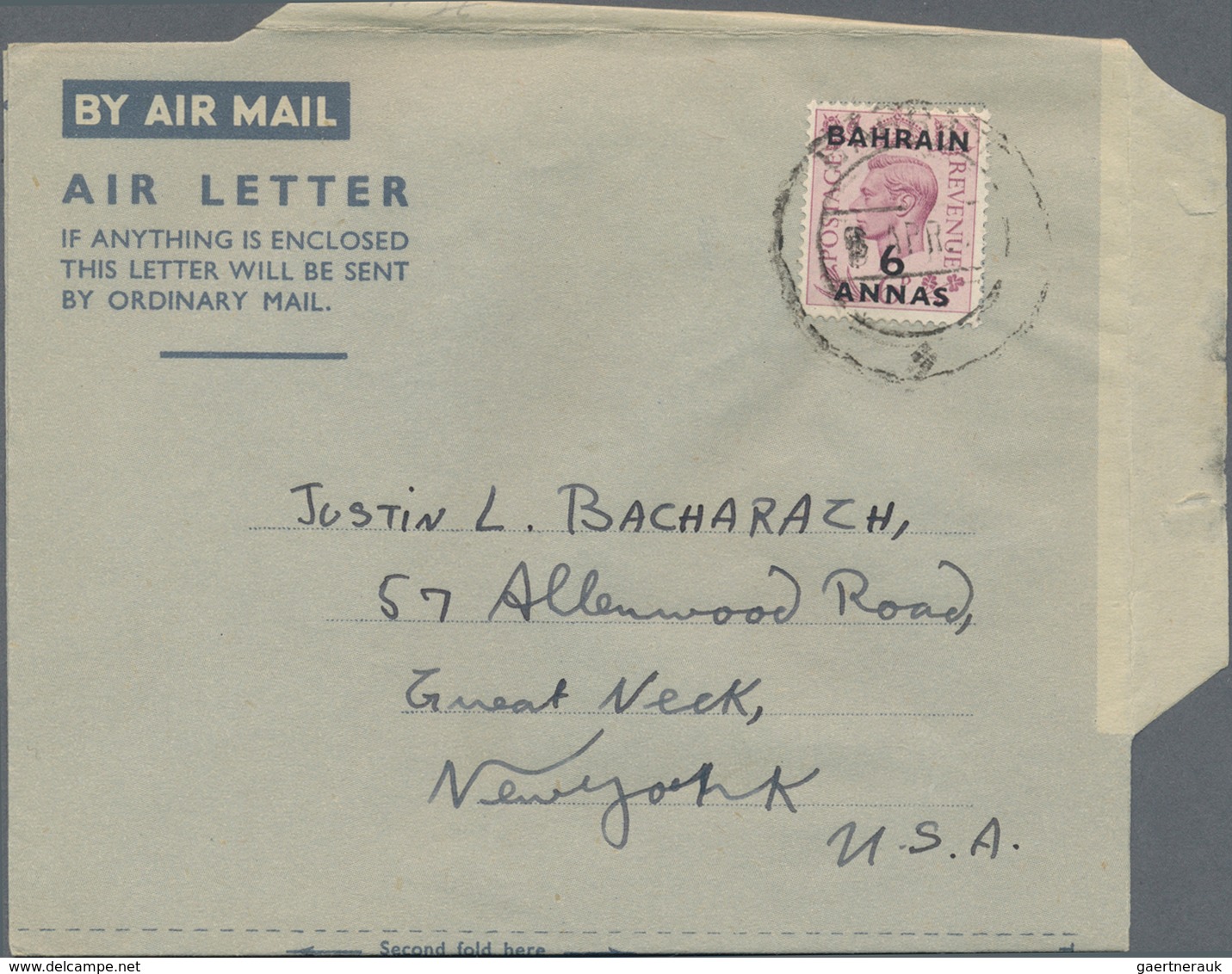 Bahrain: 1949/74 (ca.), Airletters: Privately Franked Forms (3) W. KGVI At The 6 A. Rate To USA Resp - Bahreïn (1965-...)