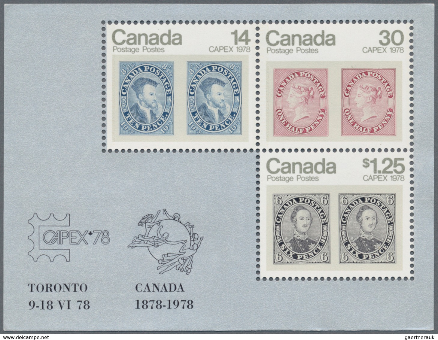 Canada: 1978, Canadian Stamps / CAPEX 78, Michel No. 691/693, Bl.1, 400 Copies Of This Souvenir Shee - Verzamelingen