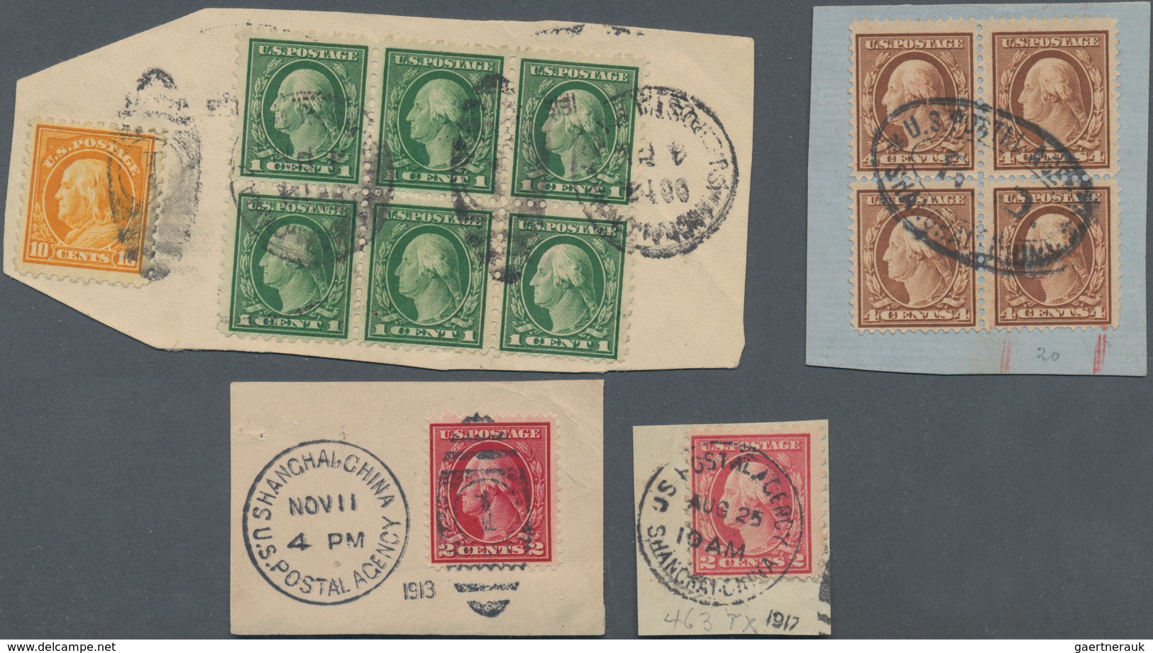 China - Fremde Postanstalten / Foreign Offices: USA, 1913/22 (ca.), On Piece: Unoverprinted (13) Inc - Andere & Zonder Classificatie