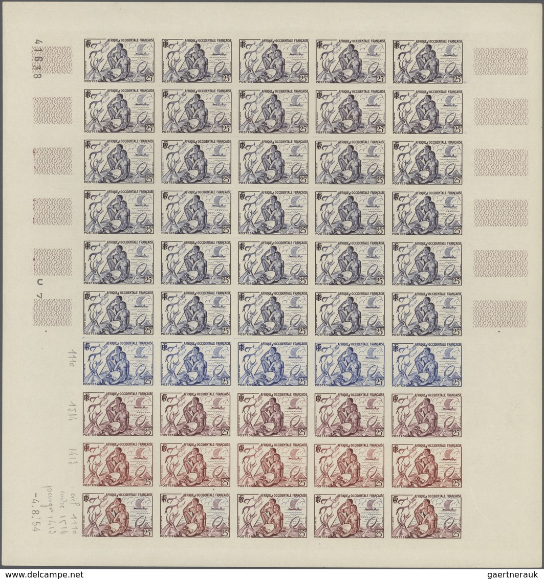 Französisch-Westafrika: 1954/1958, IMPERFORATE COLOUR PROOFS, MNH Assortment Of Ten Complete Sheets - Andere & Zonder Classificatie