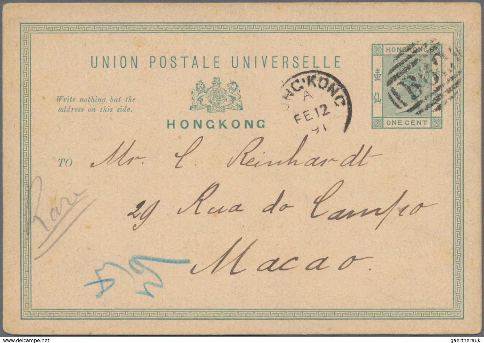 Hongkong - Ganzsachen: 1891/1903, Used Stationery Cards QV (9): 1 C. Green Late Use Of B62 To Macau - Postwaardestukken