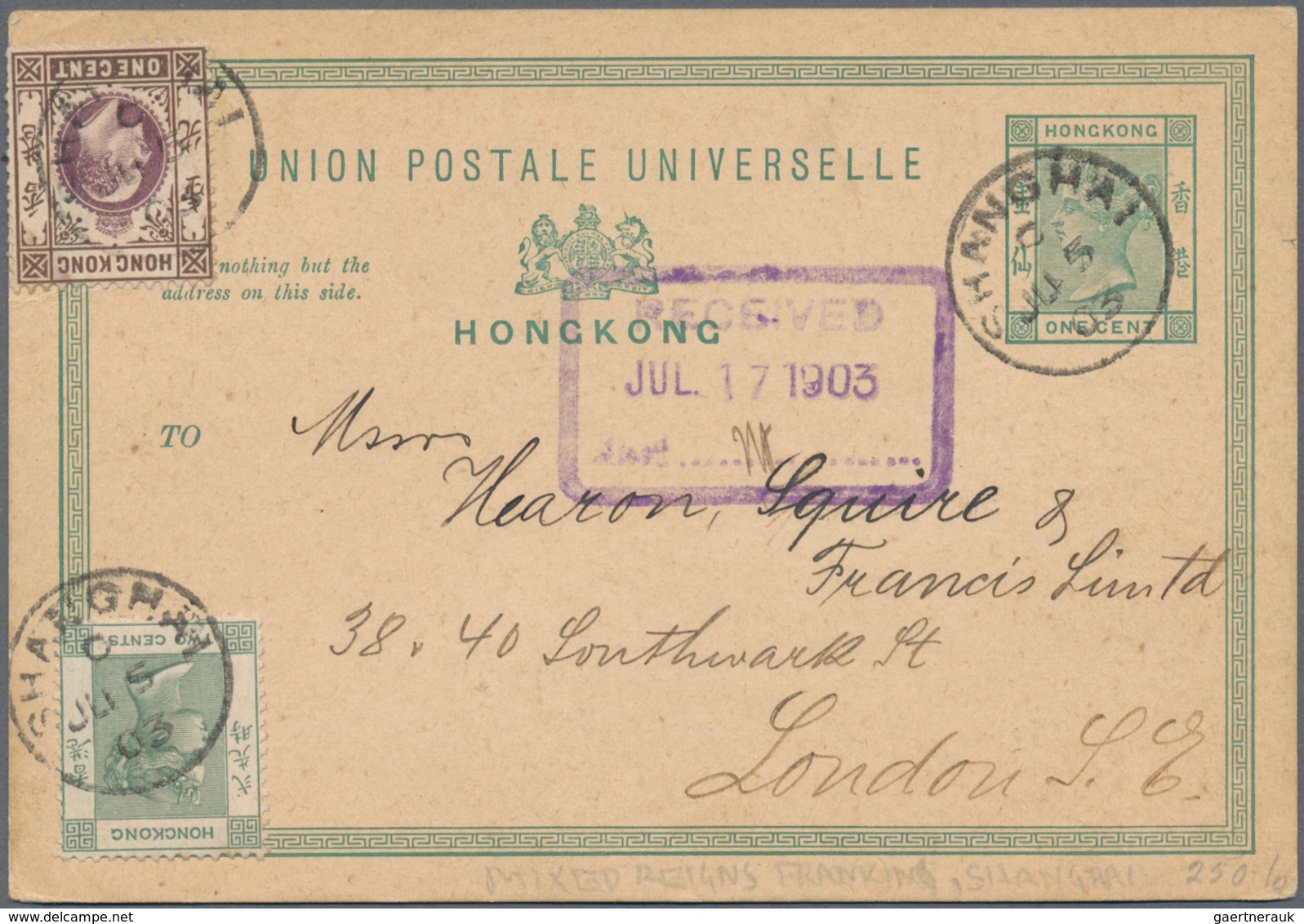 Hongkong - Ganzsachen: 1891/1903, Used Stationery Cards QV (9): 1 C. Green Late Use Of B62 To Macau - Postwaardestukken