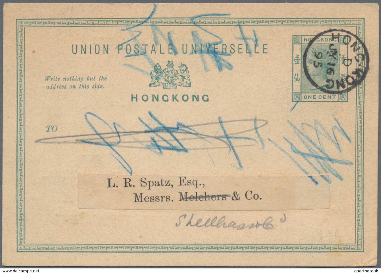 Hongkong - Ganzsachen: 1891/1903, Used Stationery Cards QV (9): 1 C. Green Late Use Of B62 To Macau - Entiers Postaux