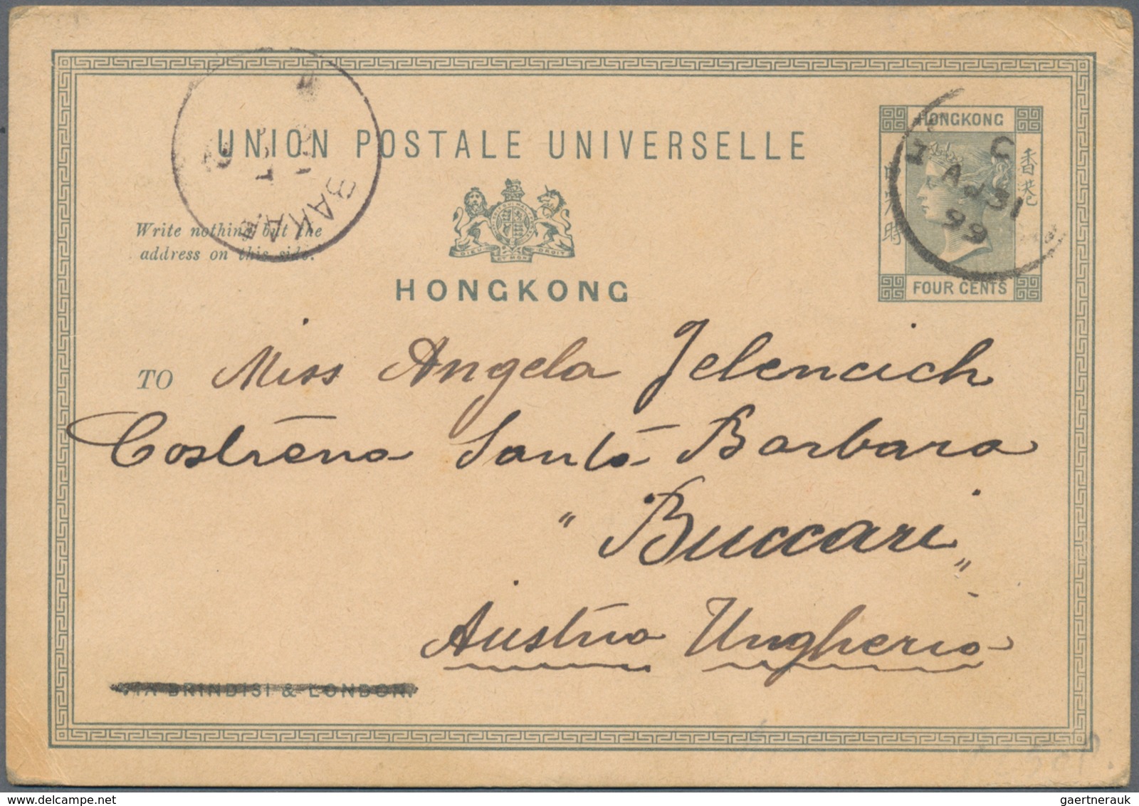 Hongkong - Ganzsachen: 1891/1903, Used Stationery Cards QV (9): 1 C. Green Late Use Of B62 To Macau - Ganzsachen