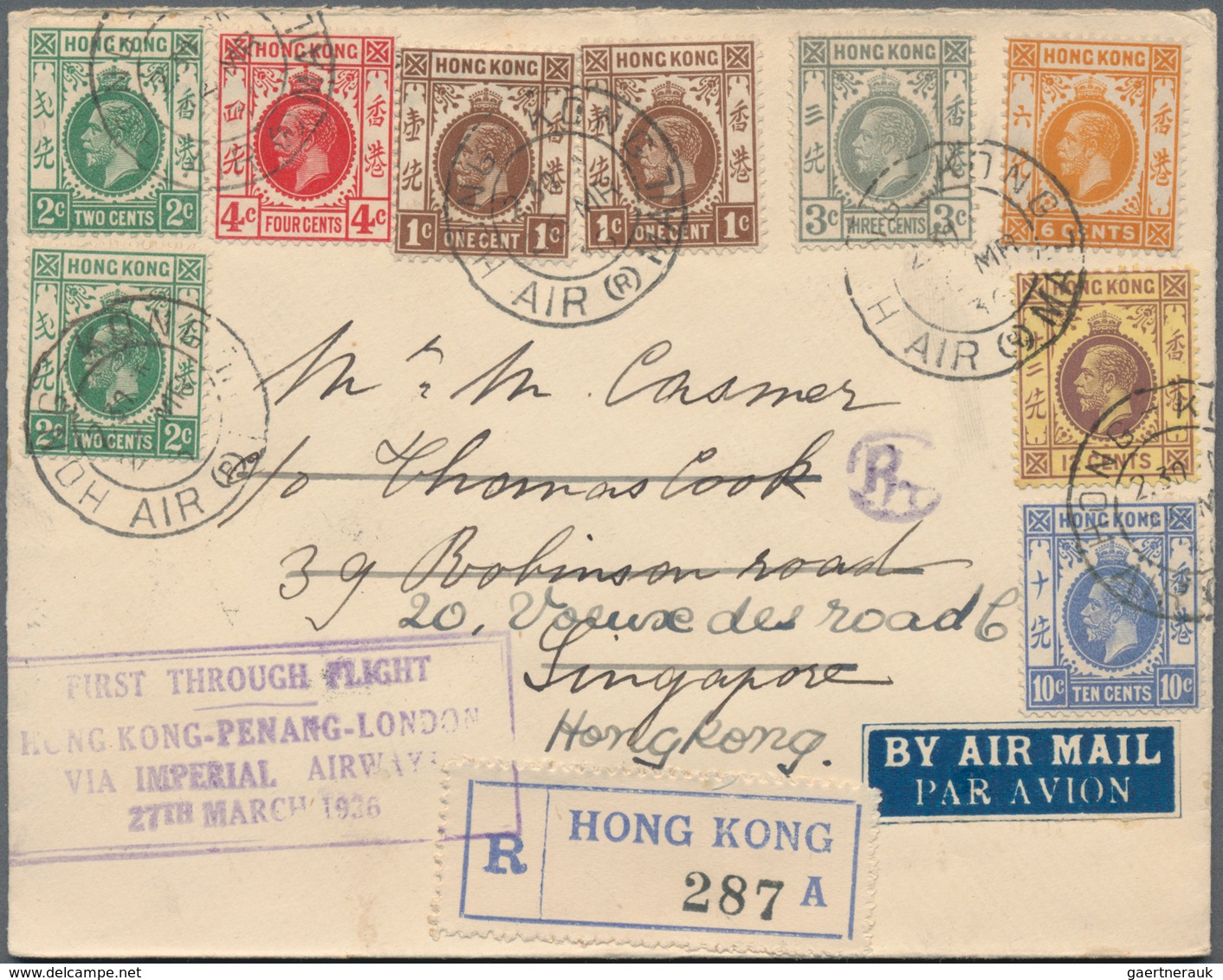 Hongkong - Besonderheiten: 1936/37, Hong Kong-Penang-London FFC First Thru-flight By IAS (2, Registe - Sonstige & Ohne Zuordnung