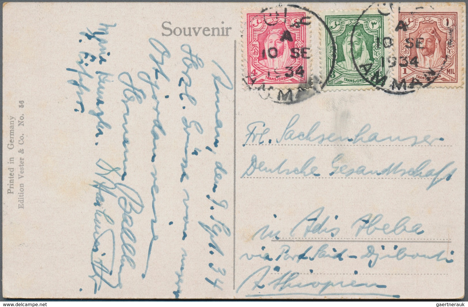 Jordanien: 1934/88 (ca.), Covers (17 Inc. FDC X3), Used Ppc (8 Inc. 1934 To Addis Abeba/Ethiopia), A - Jordanië