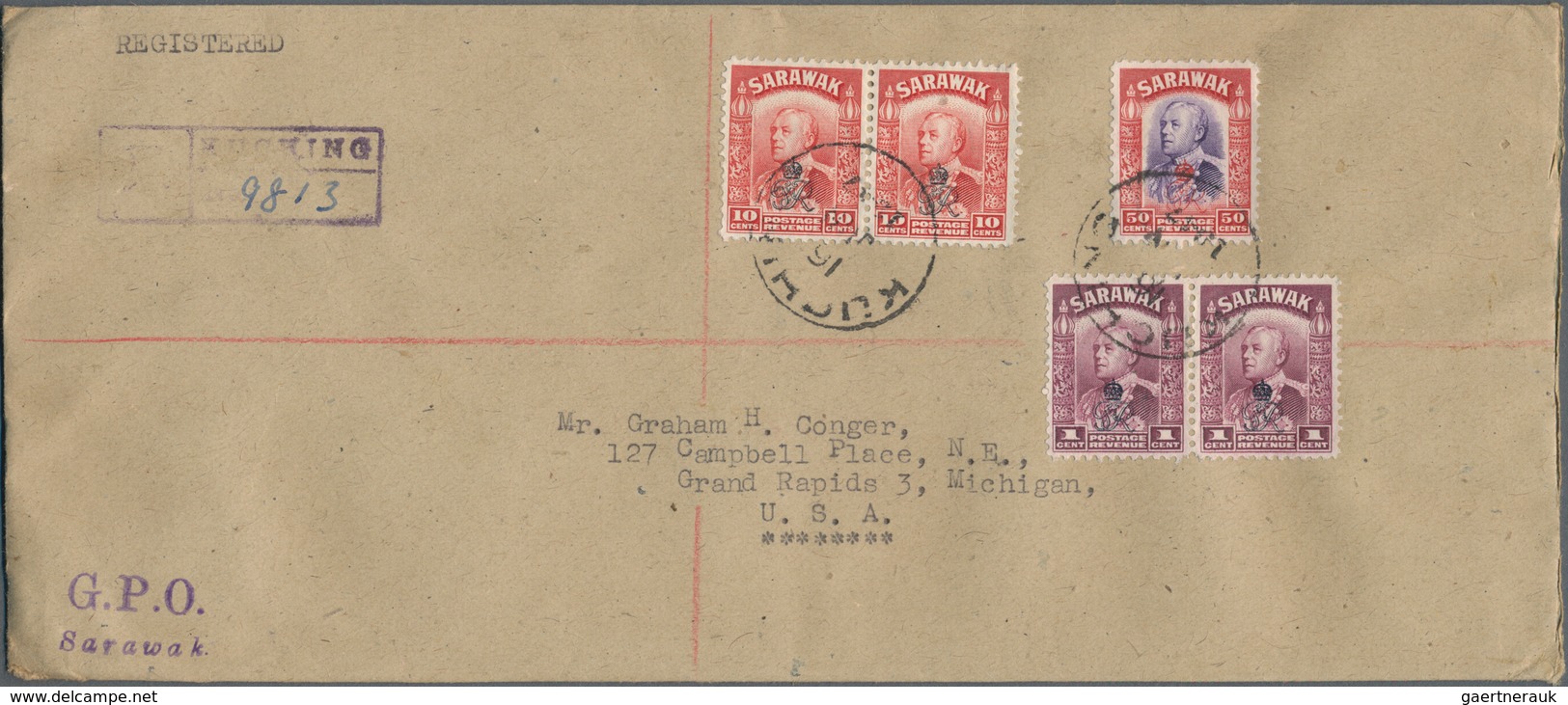 Malaiische Staaten - Sarawak: 1929/48, Covers (5) Mostly Airmail To UK/USA, FDC 1947/53 (5) Inc. 1 C - Sonstige & Ohne Zuordnung