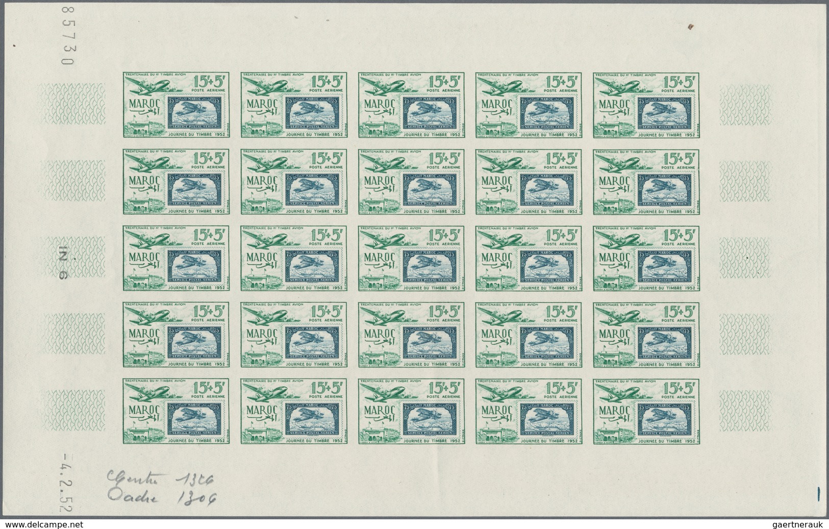 Marokko: 1949/1956, IMPERFORATE COLOUR PROOFS, MNH Assortment Of Five Complete Sheets (=125 Proofs), - Brieven En Documenten