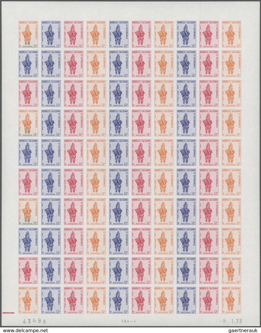 Neukaledonien: 1973. Lot Of 3 Color Proof Sheets Of 100 For The Definitive Issue "Tchamba Mask". Pri - Ongebruikt