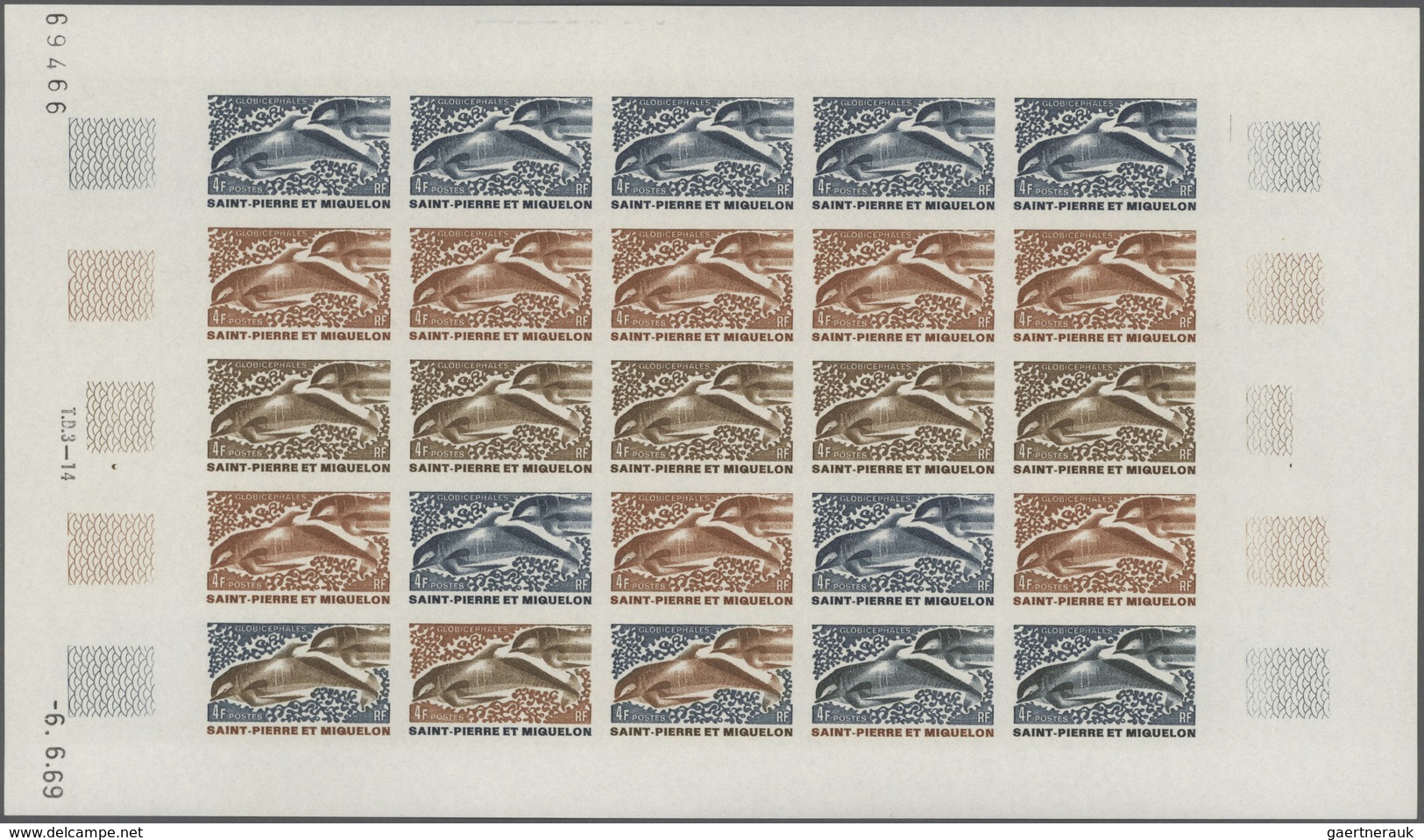 St. Pierre Und Miquelon: 1969/1975, IMPERFORATE COLOUR PROOFS, MNH Collection Of 49 Complete Sheets - Otros & Sin Clasificación