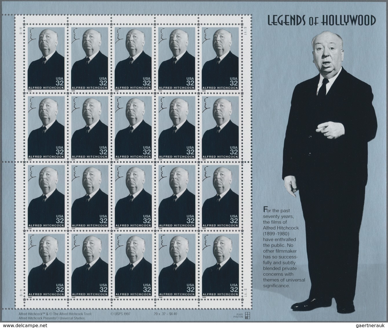 Vereinigte Staaten Von Amerika: 1998, Alfred Hitchcock, 600 X Michel No. 2996 Mini Sheet. All Origin - Andere & Zonder Classificatie