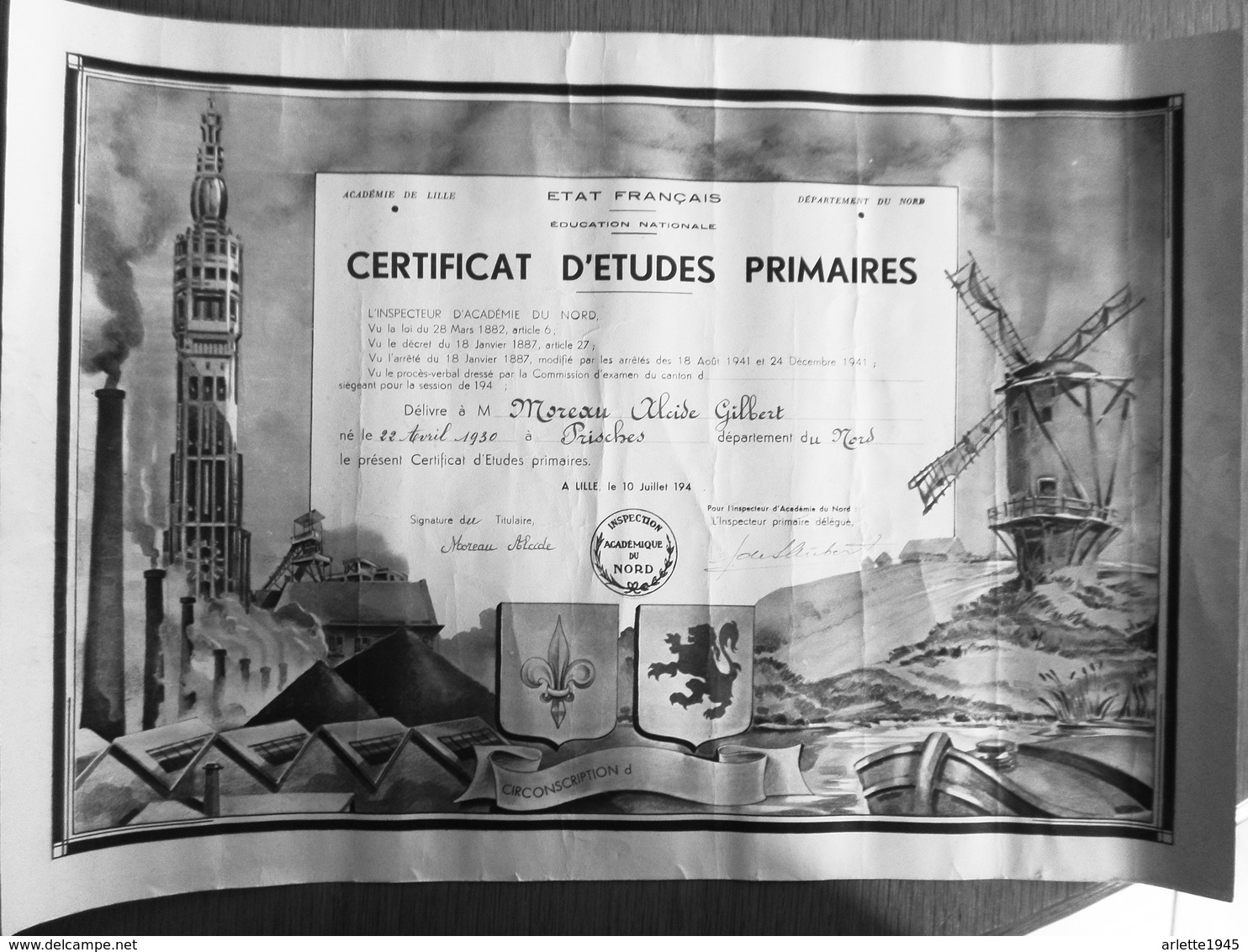 ETAT FRANCAIS   DIPLOME CERTIFICAT D'ETUDES PRIMAIRES 194 - Diploma & School Reports