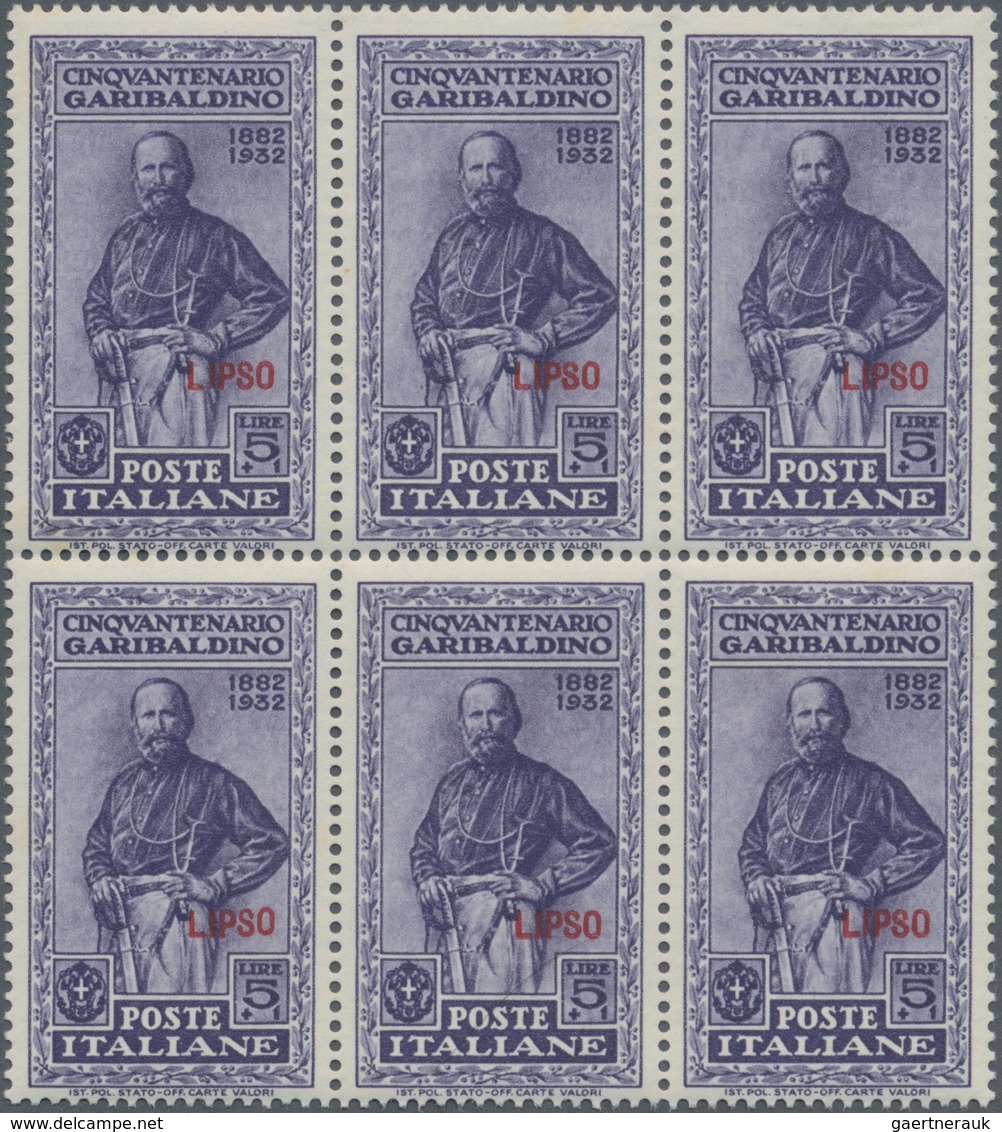 Ägäische Inseln: 1932. 50 Anniversary Of The Death Of Garibaldi, Overprinted LIPSO In Red Or Black. - Egée