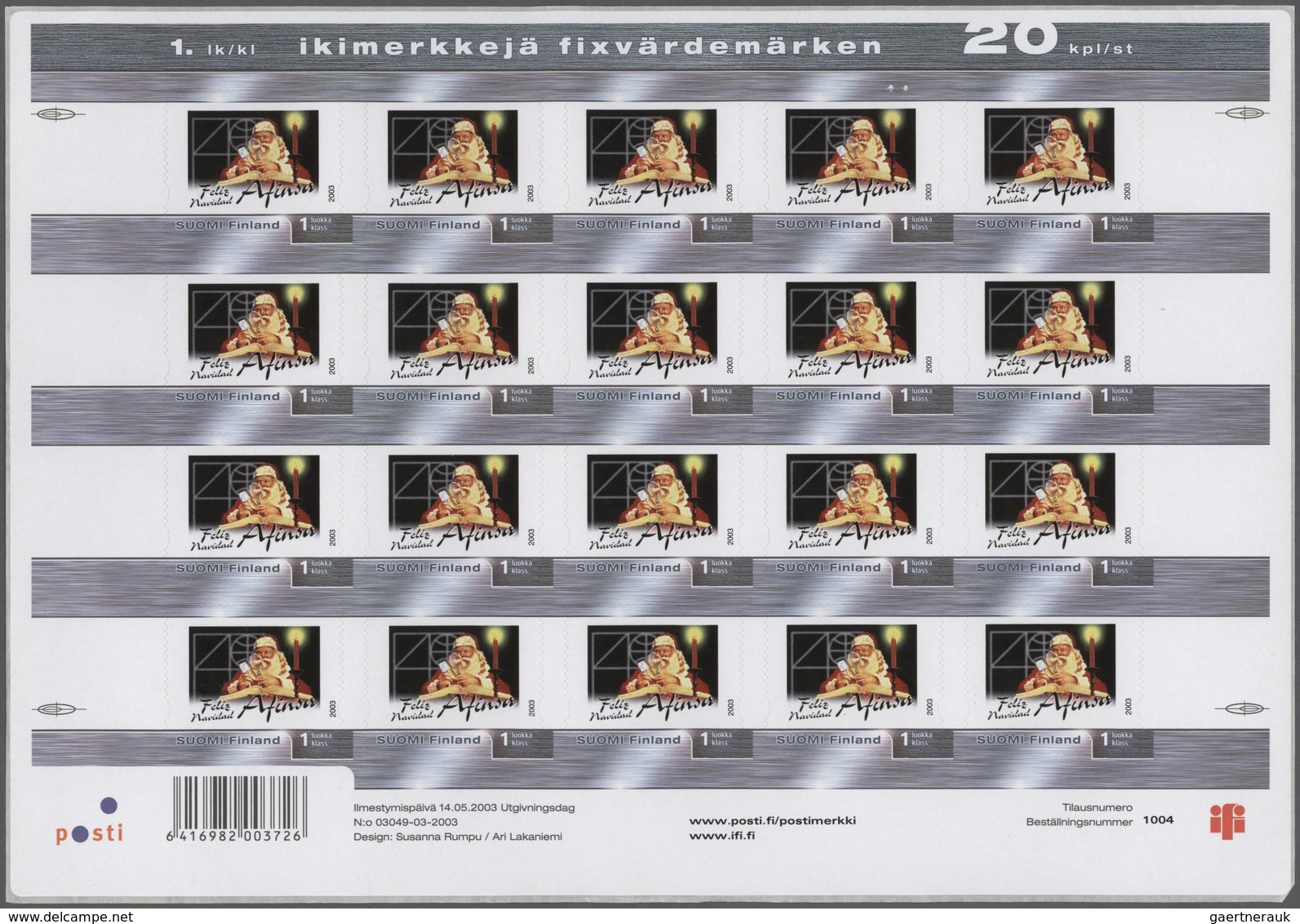 Finnland: 2003, Santa Claus - Afinsa, 36 Sheets Of 20 Self Sticking Stamps (four Stamps Are Missing) - Neufs