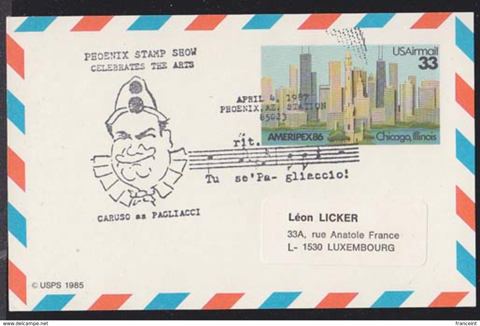 U.S.A. (1987) Caruso As Pagliacci. Illustrated Musical Cancel On Postcard. - Musik