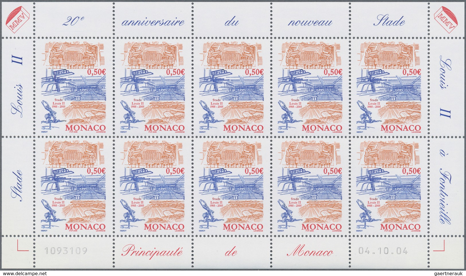 Monaco: 2004, 0.50 € Stadium Louis II., 770 Complete Sheets With 7.700 Stamps Mint Never Hinged. Mic - Usados