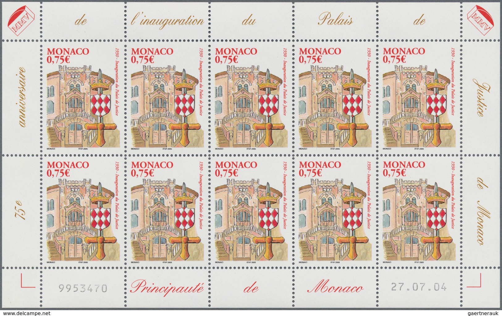 Monaco: 2004, 0.75 € Palace Of Justice, 770 Complete Sheets With 7.700 Stamps Mint Never Hinged. Mic - Gebruikt