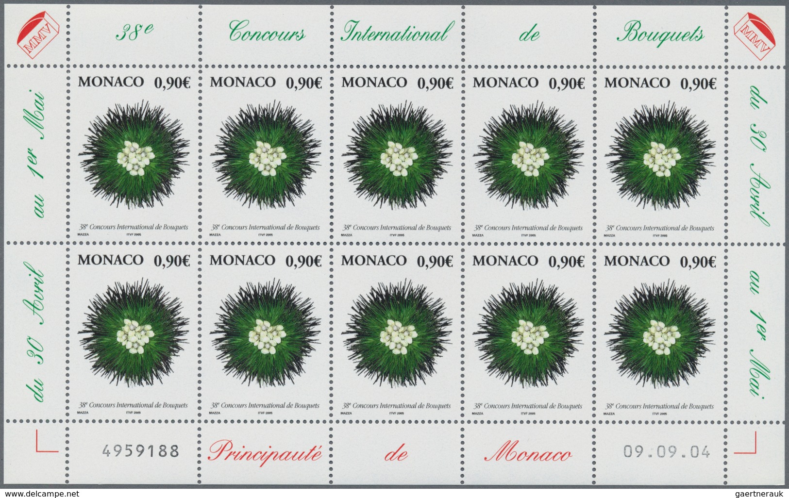 Monaco: 2004, 0.90 € Flowers/Bouquet, 770 Complete Sheets With 7.700 Stamps Mint Never Hinged. Miche - Gebruikt